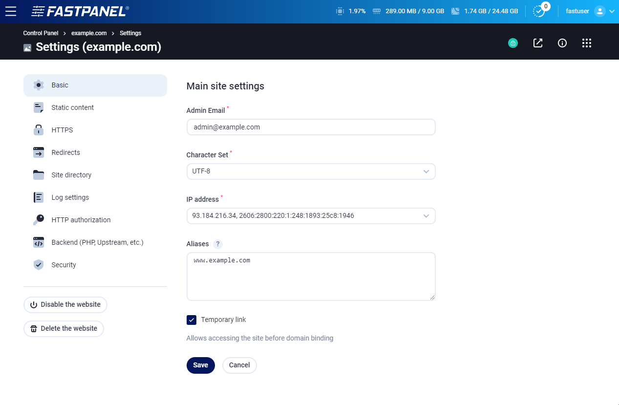 Main website settings in FASTPANEL