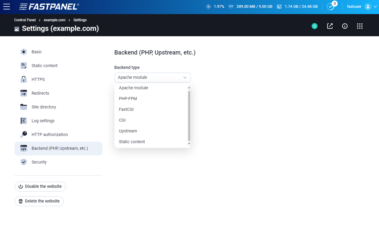 Website PHP settings in FASTPANEL