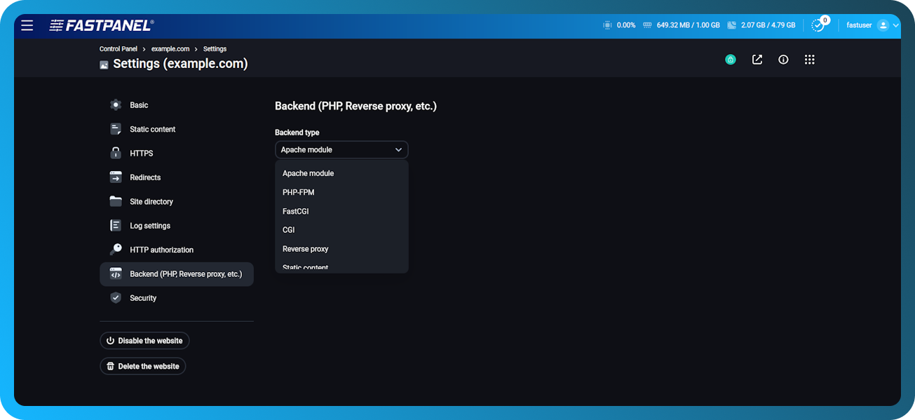 Website PHP settings in FASTPANEL