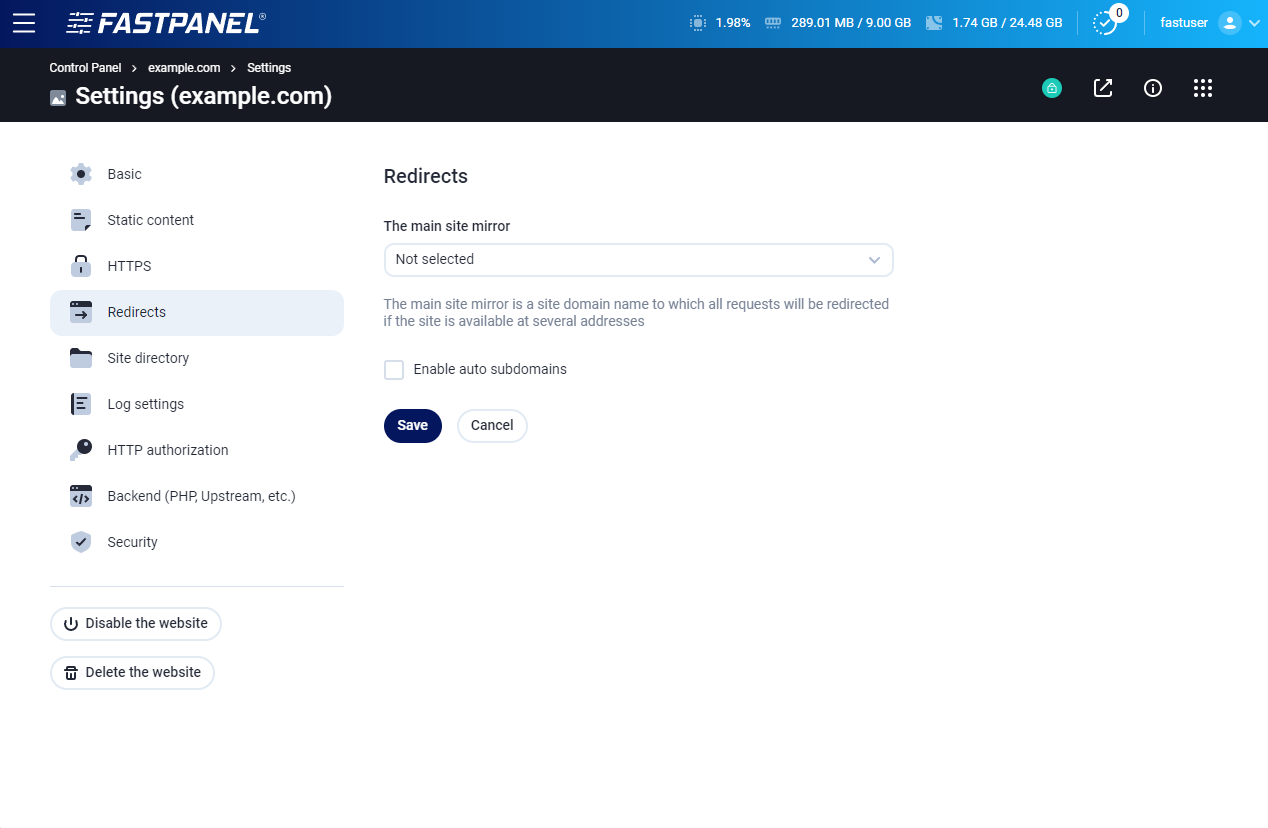 Website redirects settings in FASTPANEL