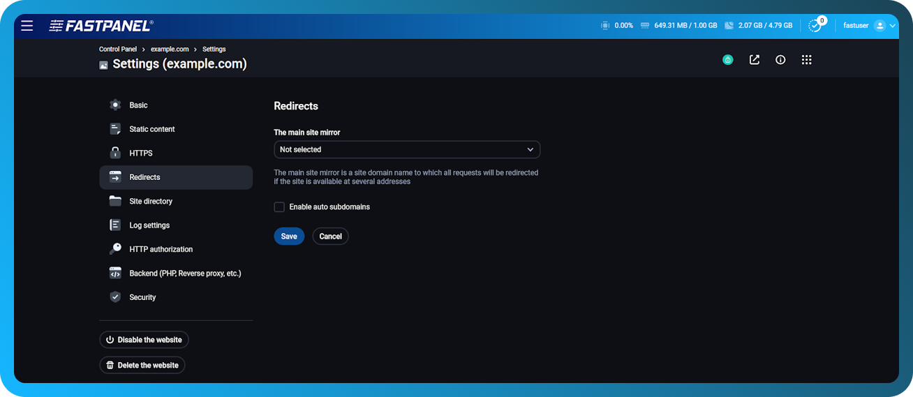 Website redirects settings in FASTPANEL