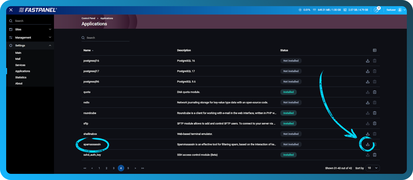 Install spamassassin in FASTPANEL
