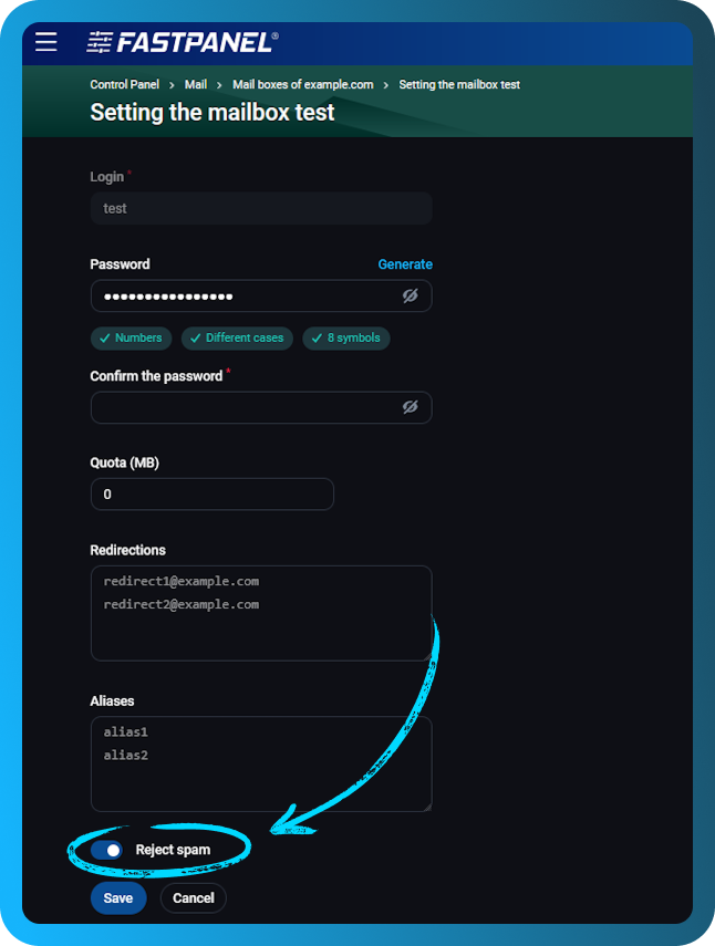 Reject spam in FASTPANEL
