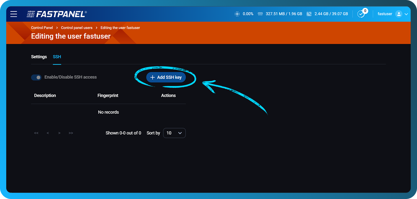how to add ssh keys to FASTPANEL