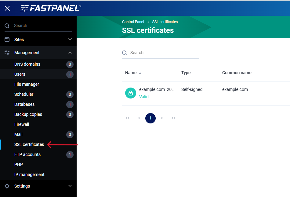 SSL certificates in FASTPANEL website card