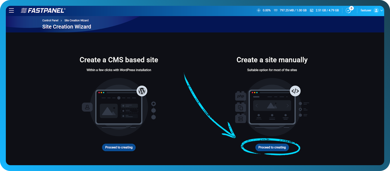 Create a site manually in FASTPANEL