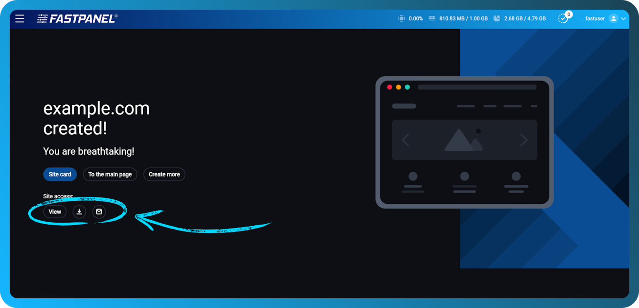 New website access data in FASTPANEL