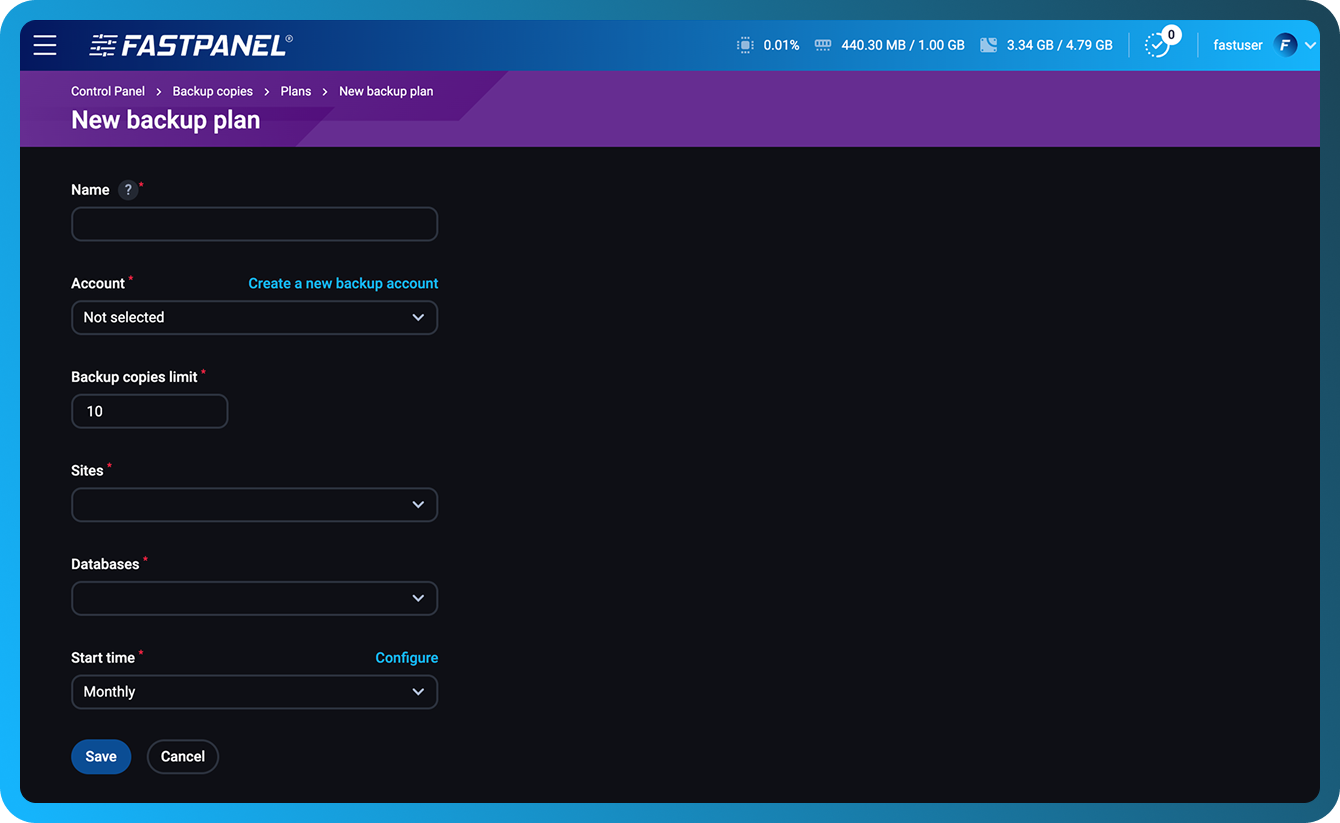 Наладзіць новы план рэзервовага капіявання ў FASTPANEL