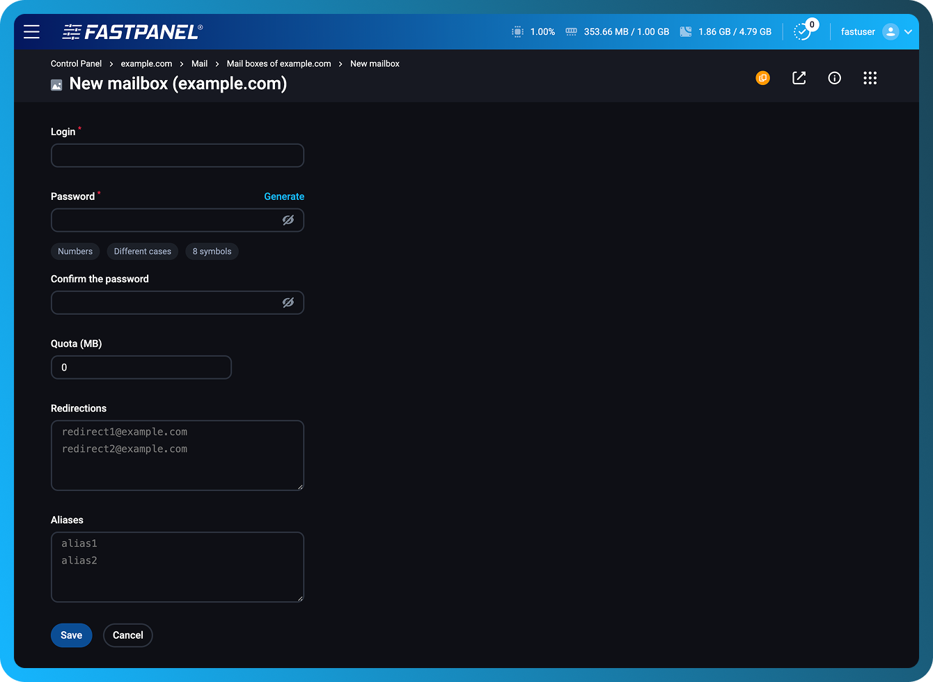 Налады новай паштовай скрыні ў FASTPANEL