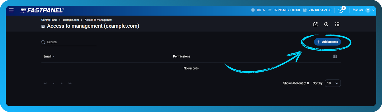 Даданне доступу да сайта ў FASTPANEL
