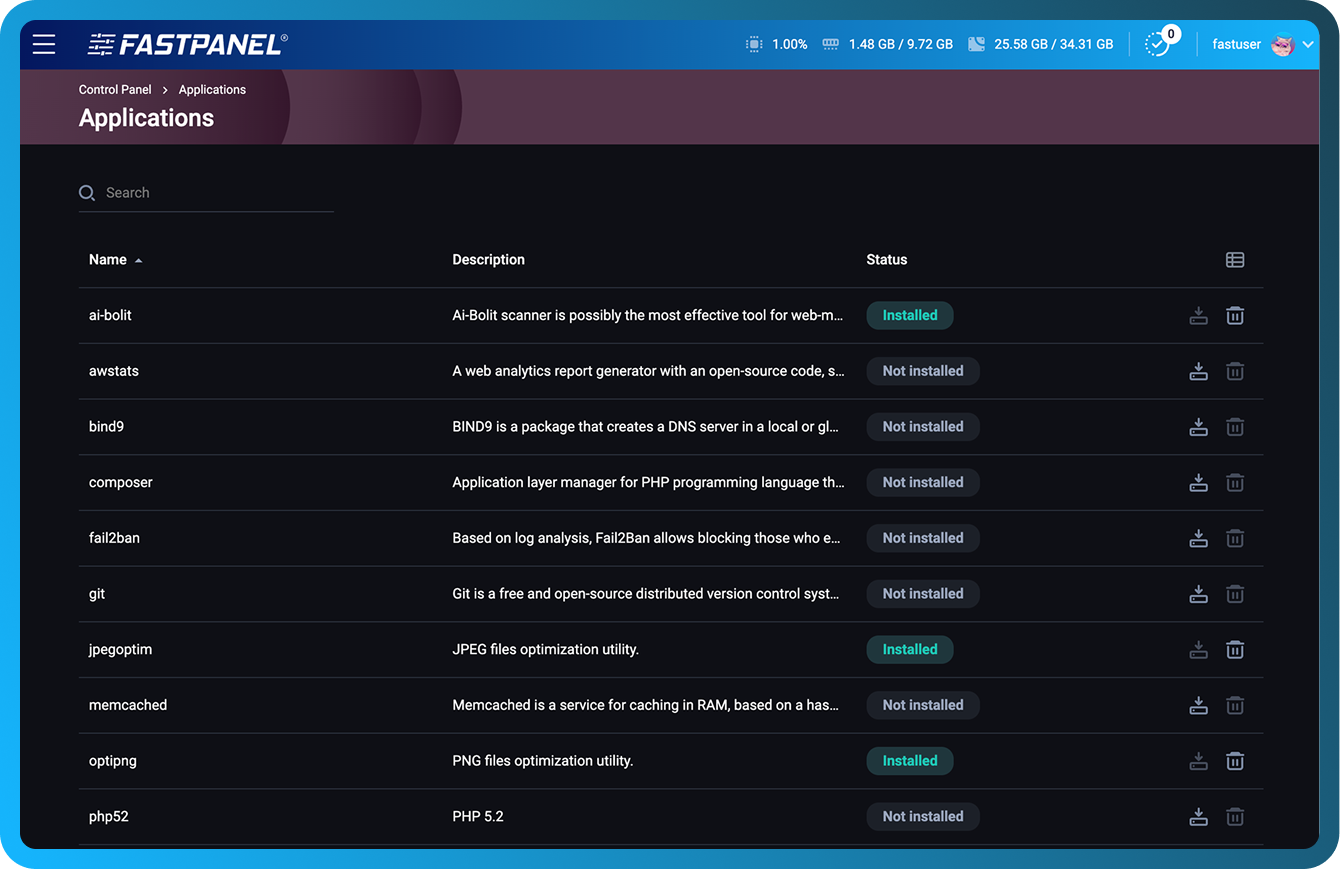 Списък с наличните приложения в FASTPANEL