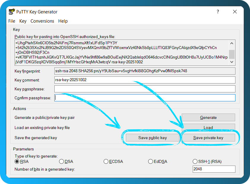 PuTTYgen генериране на ssh ключове FASTPANEL