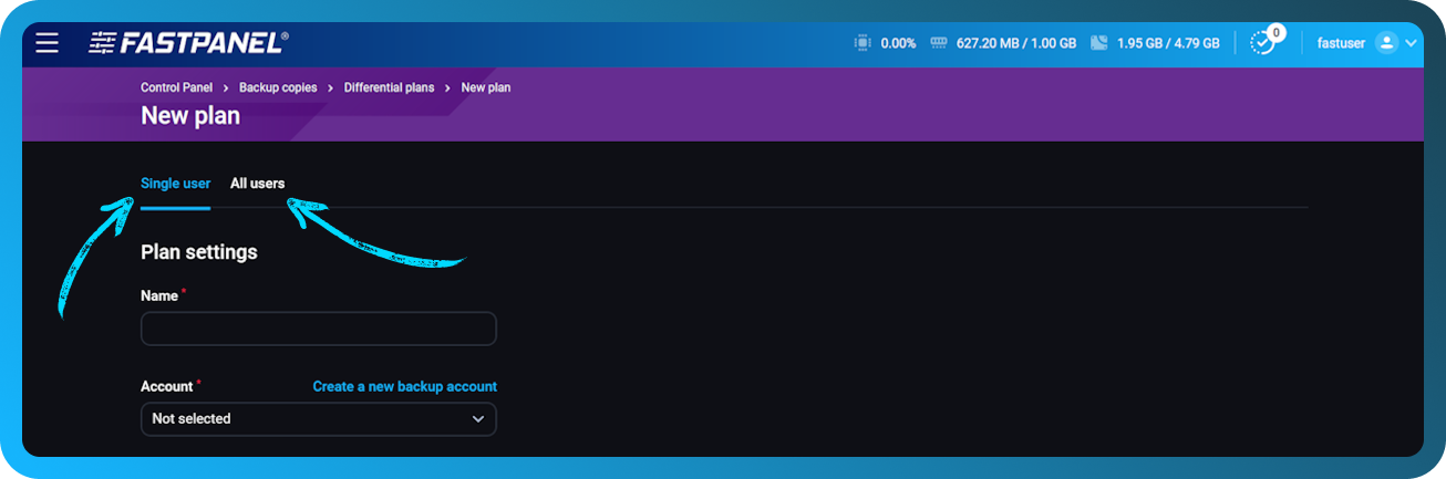 Configureu un pla de còpia de seguretat nou a FASTPANEL