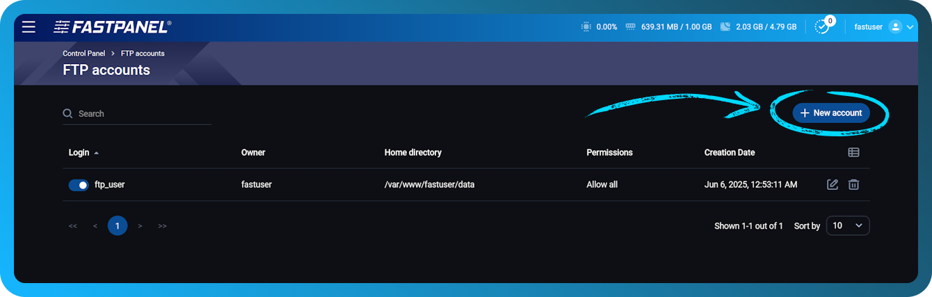 Afegeix un compte FTP nou a FASTPANEL