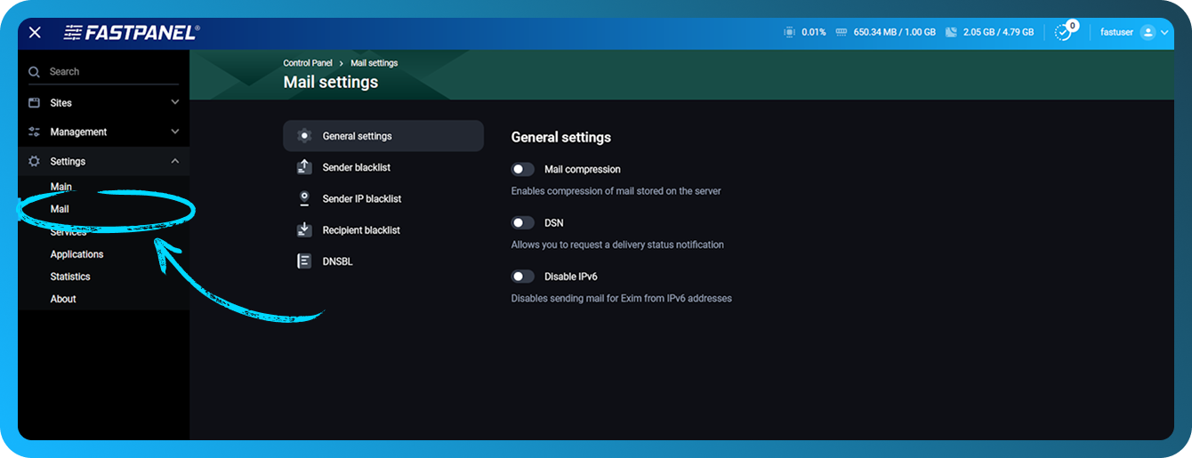 Configuració principal de FASTPANEL