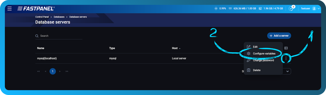 Bearbeiten der Einstellungen des Datenbankservers in FASTPANEL