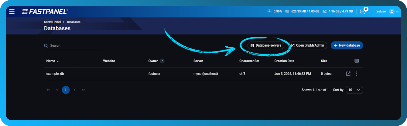 Verwaltung von Datenbankservern in FASTPANEL