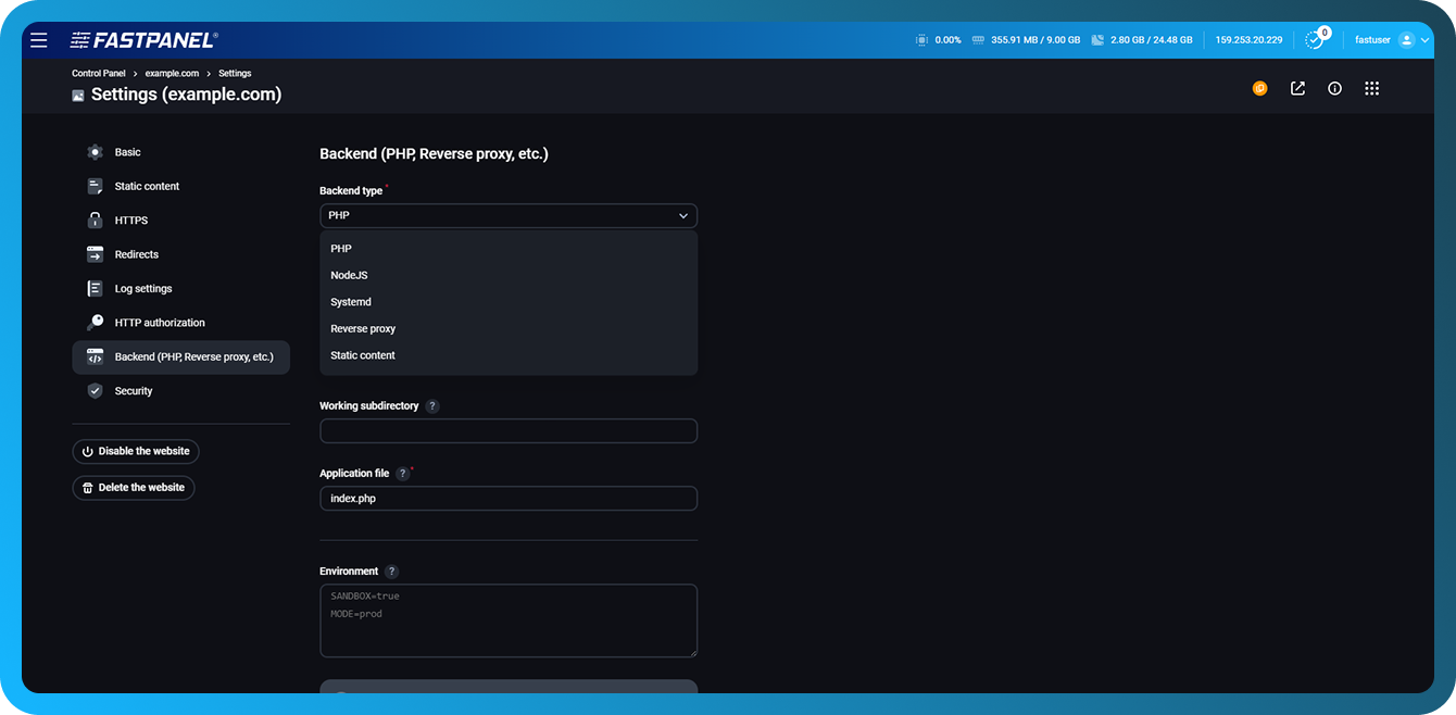 Configuración de PHP del sitio web en FASTPANEL