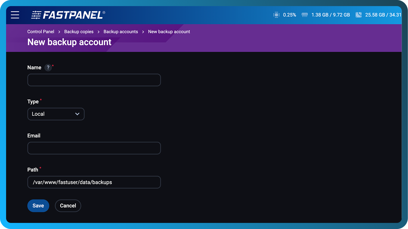 Configurar una nueva cuenta de copia de seguridad en FASTPANEL