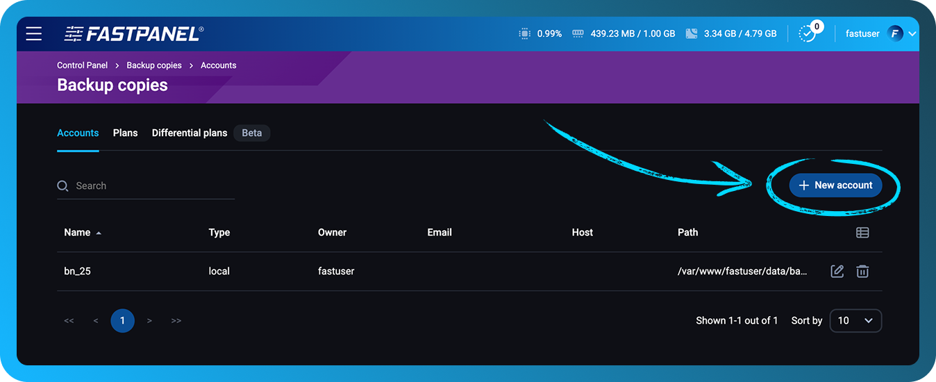 Agregar una nueva cuenta de copia de seguridad en FASTPANEL