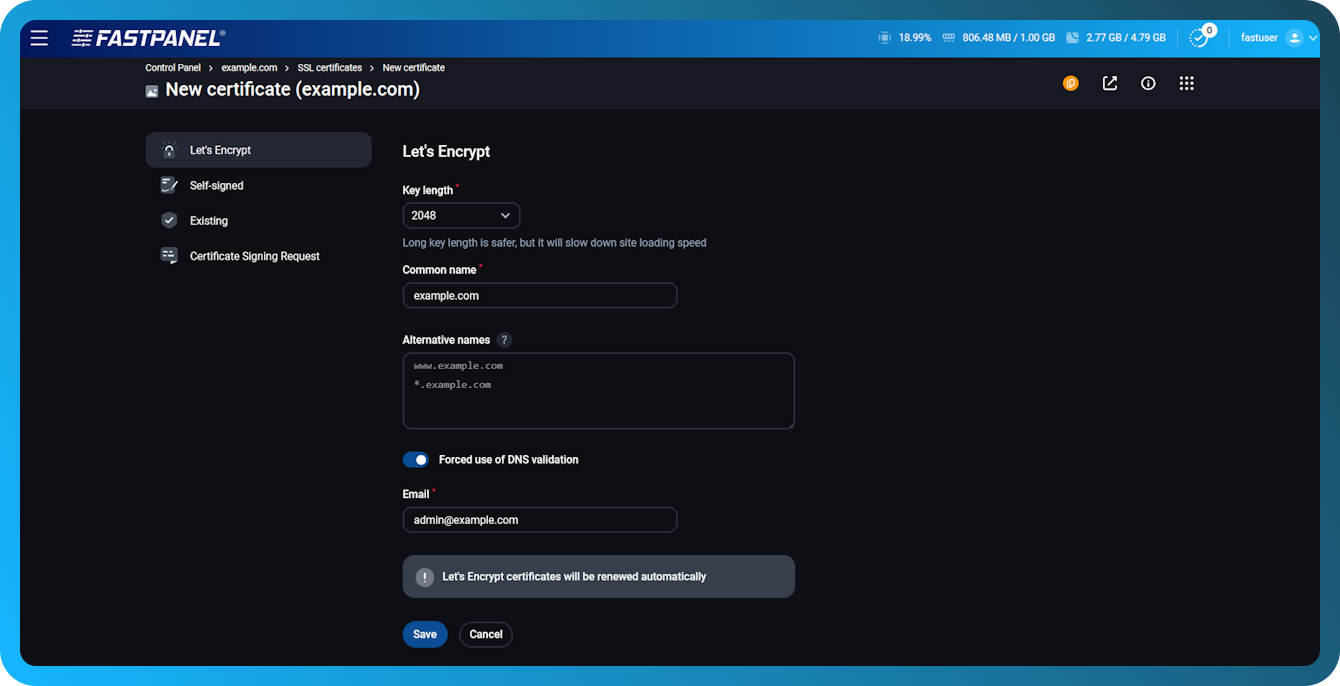 Cómo agregar un certificado comodín de Let's Encrypt en FASTPANEL