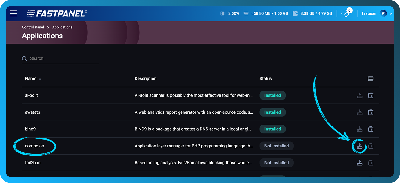 Instalación de composer en FASTPANEL
