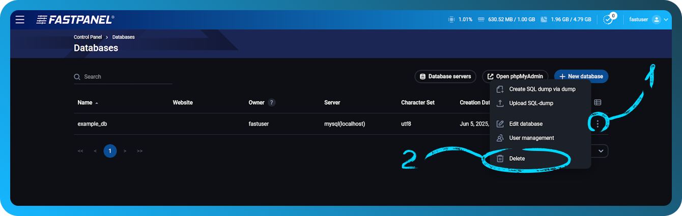 Eliminar una base de datos en FASTPANEL