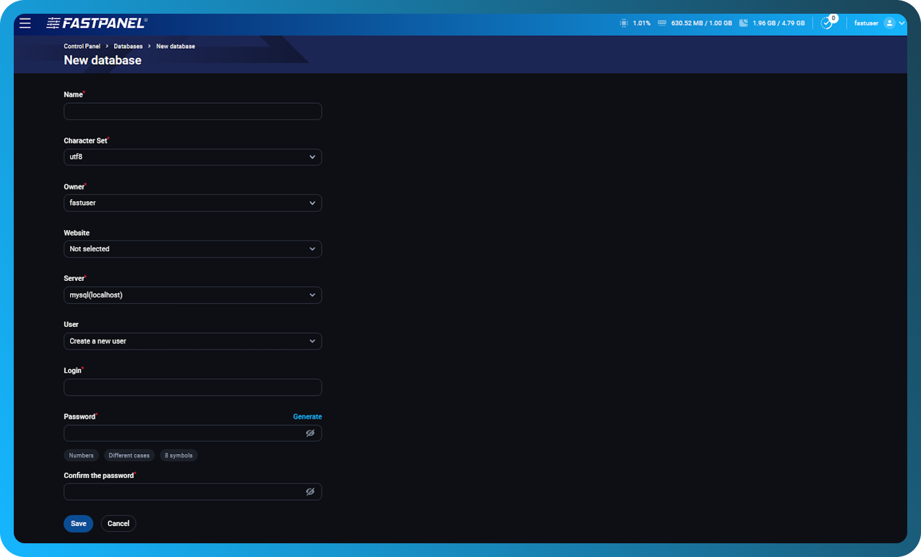 Crear una base de datos MySQL en FASTPANEL