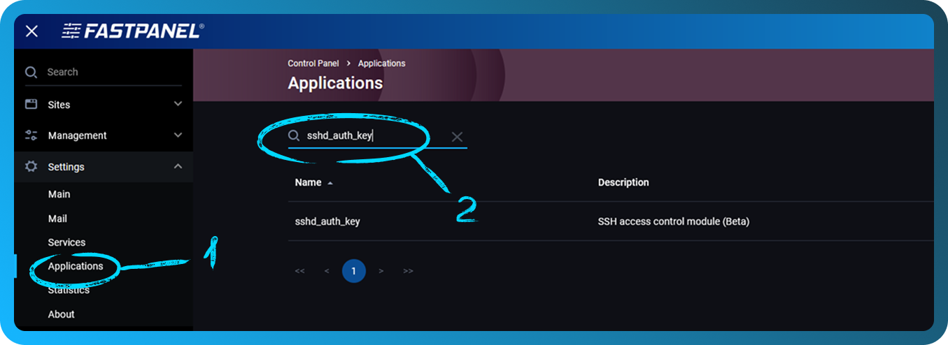 Menú Applications en FASTPANEL