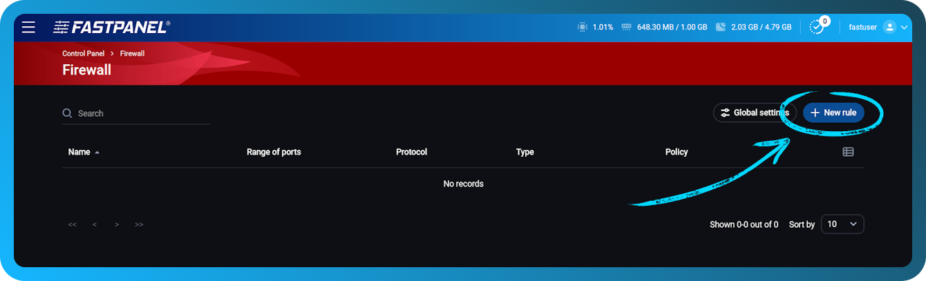 Agregar una nueva regla de firewall en FASTPANEL