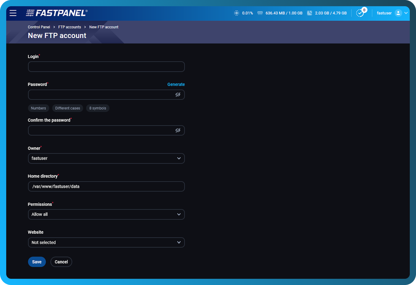 Configuración de la cuenta FTP en FASTPANEL