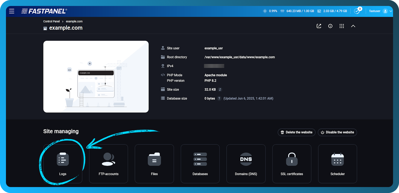 Registros del sitio en FASTPANEL