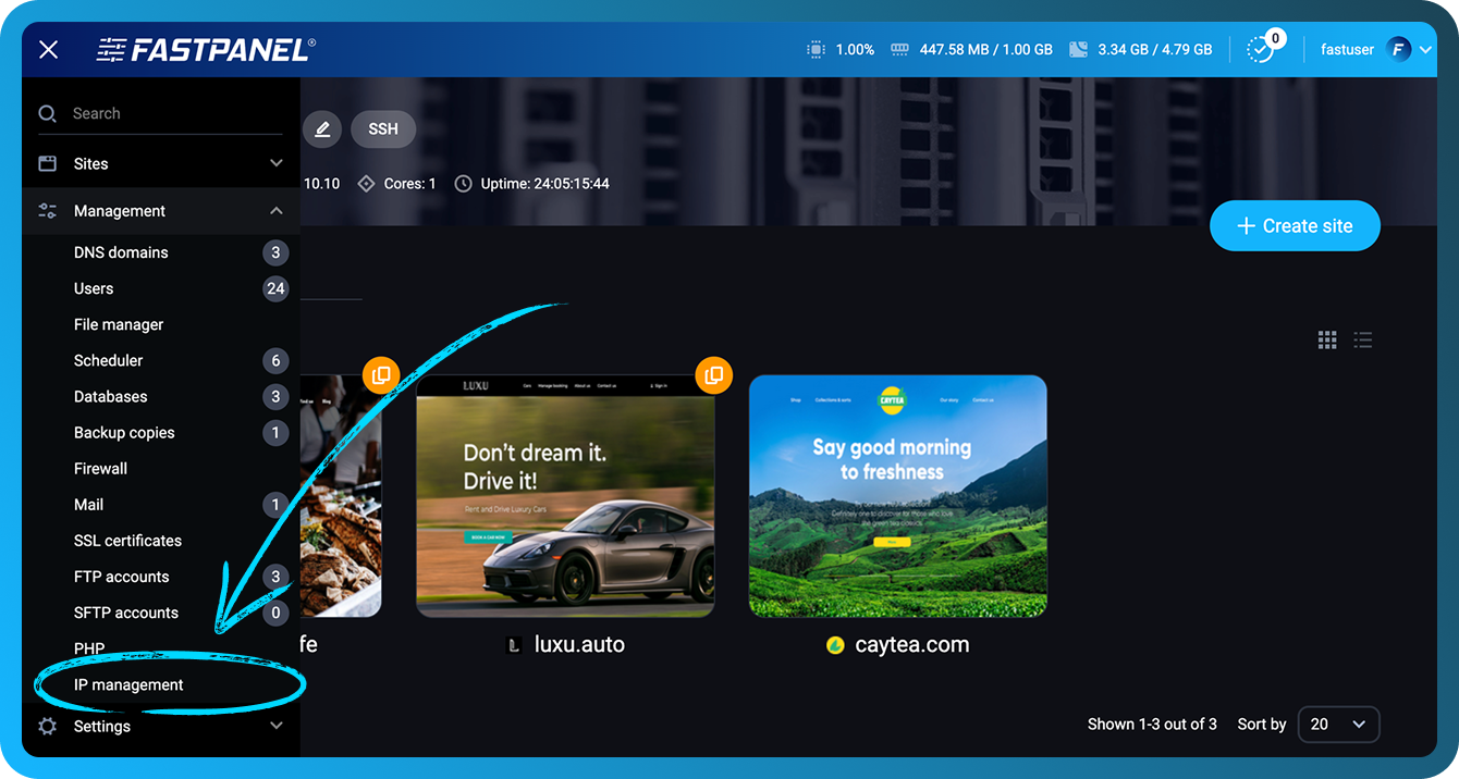 Menú de gestión de IP en FASTPANEL