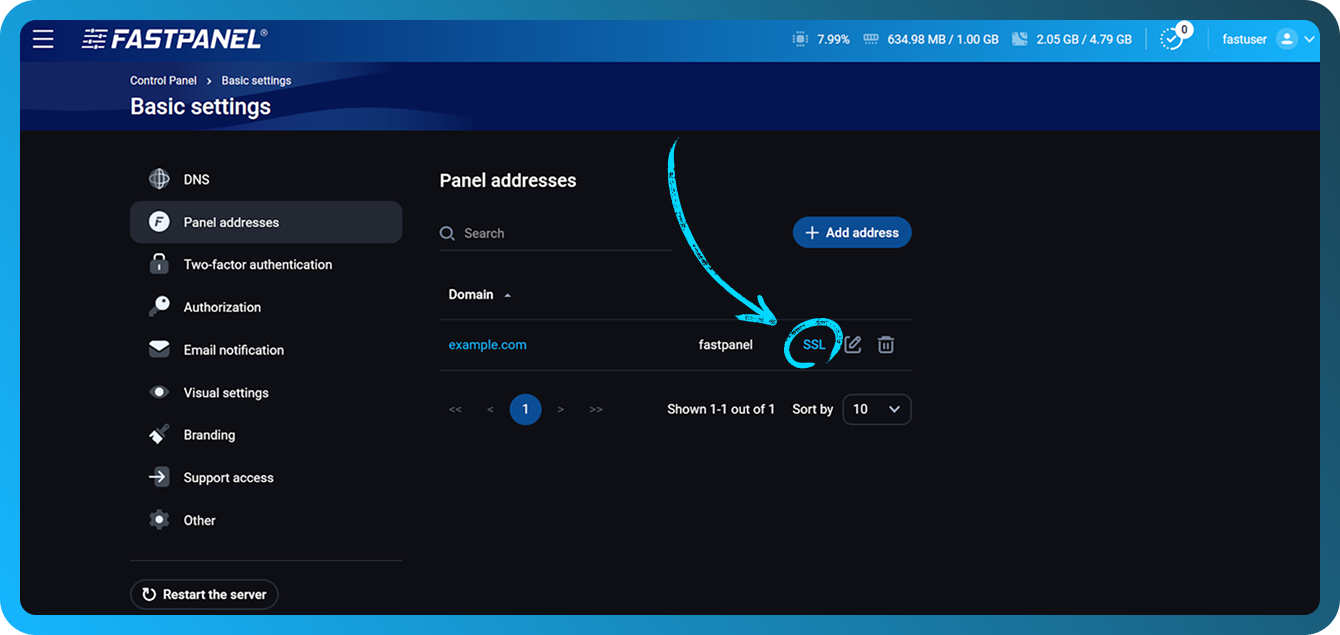 Certificado SSL para la dirección del panel en FASTPANEL