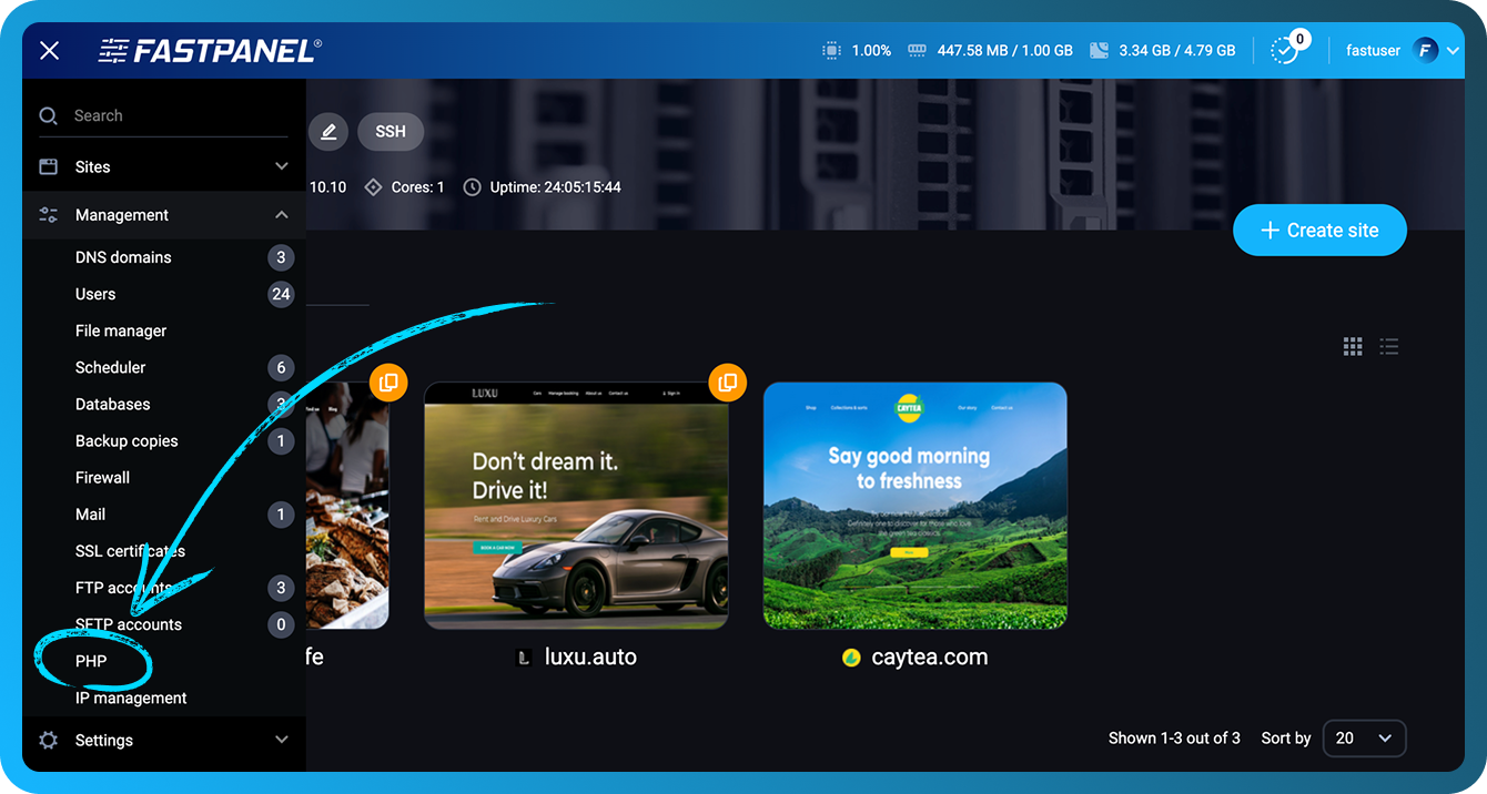 Menú de gestión de PHP en FASTPANEL