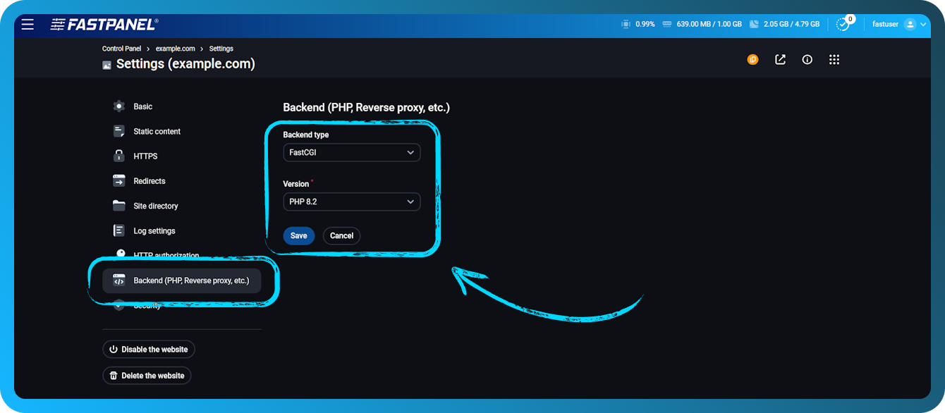 Cómo cambiar la versión de PHP para un sitio web en FASTPANEL