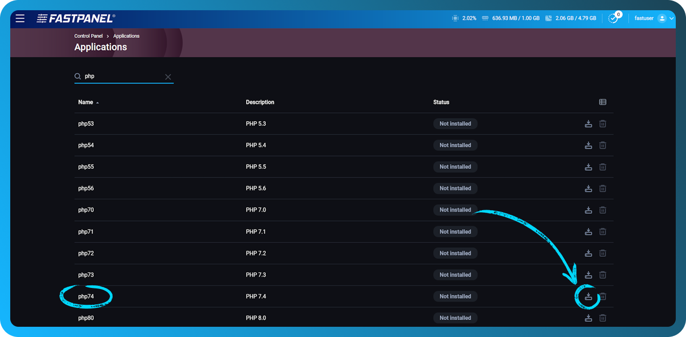 Instalar una versión adicional de PHP en FASTPANEL