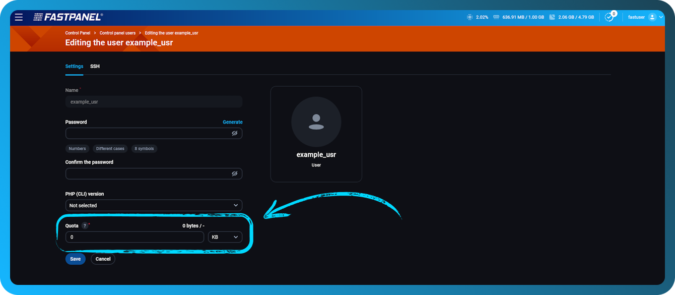 Establecer cuota para una nueva cuenta de usuario en FASTPANEL