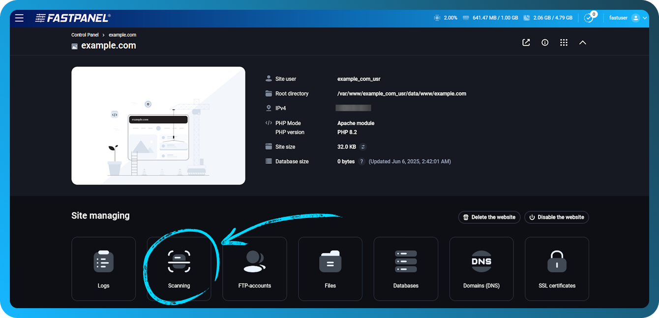 Escaneo antivirus del sitio web en FASTPANEL