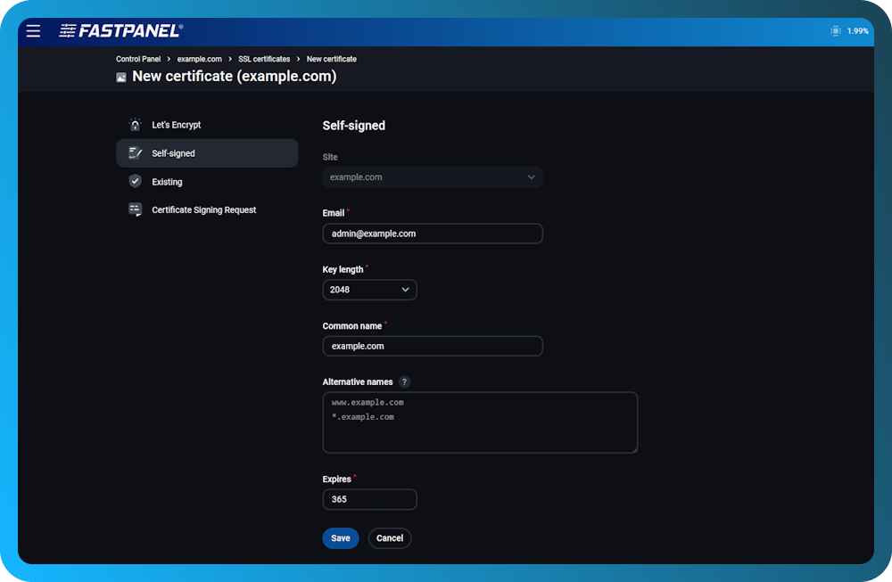 Agregar un certificado autofirmado para un sitio web en FASTPANEL
