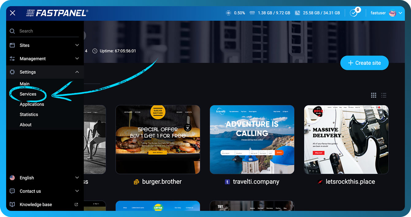 Menú de gestión de servicios en FASTPANEL