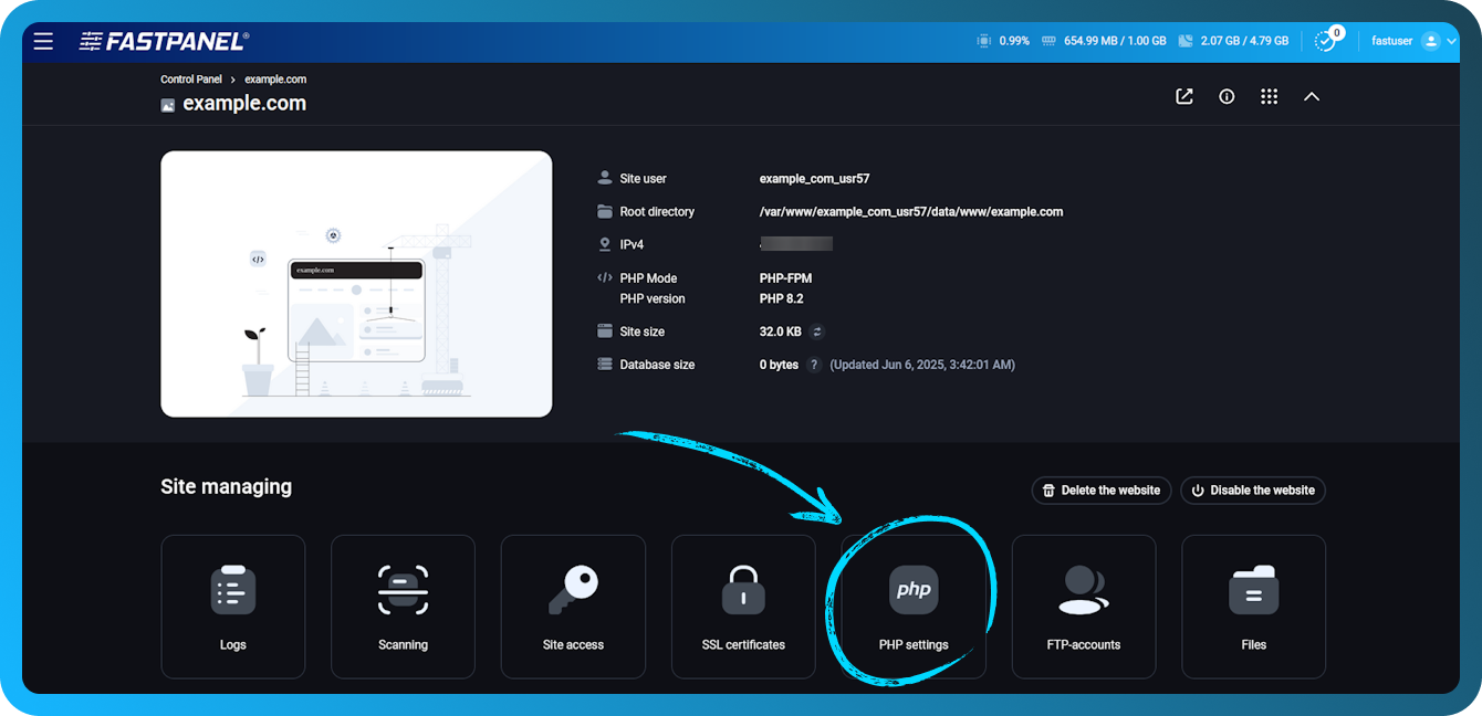 Menú de configuración de PHP en FASTPANEL