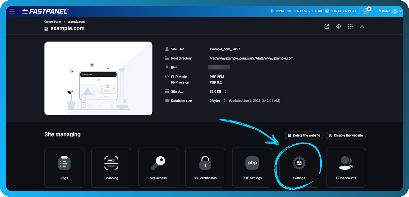 Configuración del sitio web en FASTPANEL