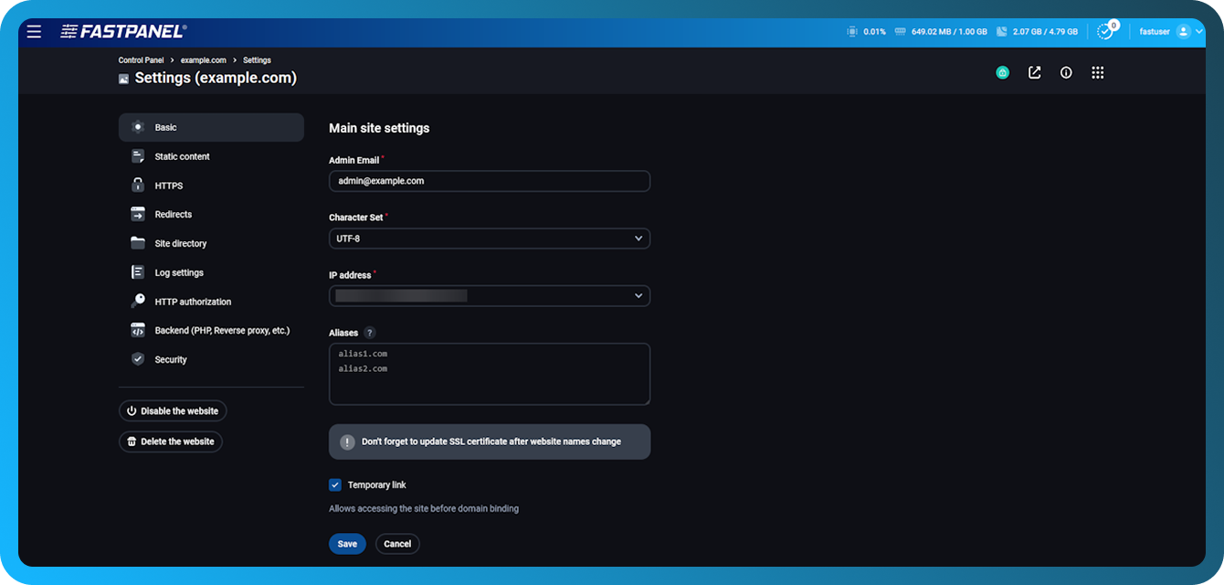Configuración principal del sitio web en FASTPANEL