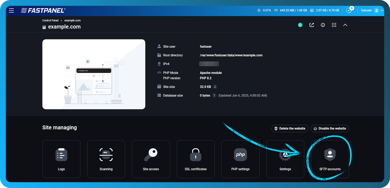 Gestión de cuentas SFTP en FASTPANEL