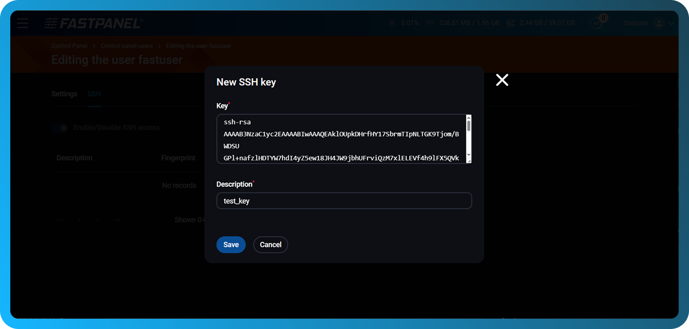 cómo añadir claves ssh a FASTPANEL