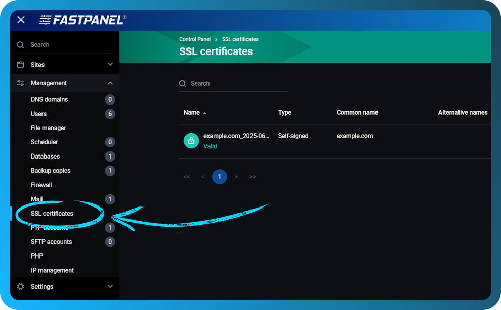 Certificados SSL en la tarjeta del sitio web de FASTPANEL