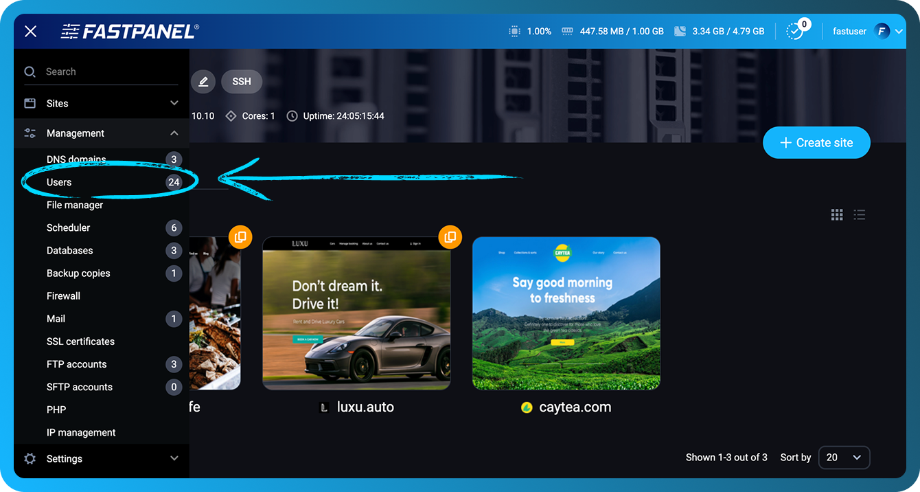 Menú de gestión de usuarios en FASTPANEL