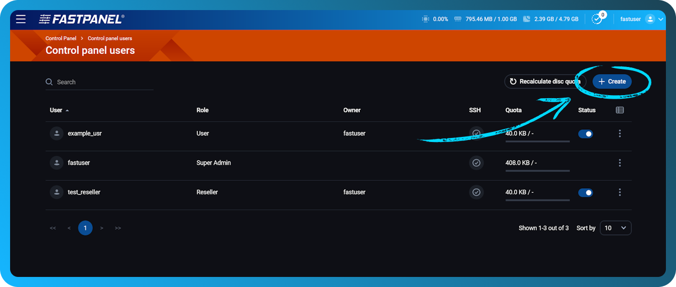 Crear una nueva cuenta de usuario en FASTPANEL