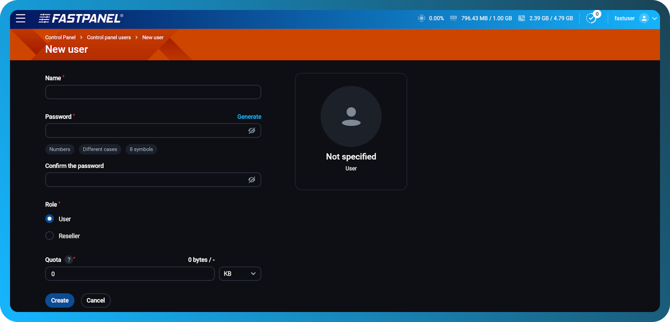 Agregar nuevo usuario en FASTPANEL
